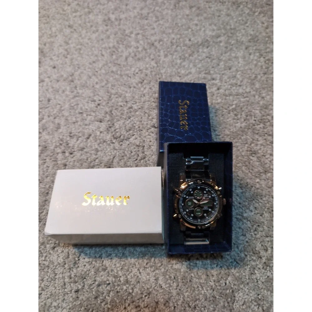 Stauer Quartz Digital Analog Black Rose Gold Tone Mens Wristwatch w/Box Chrono‎